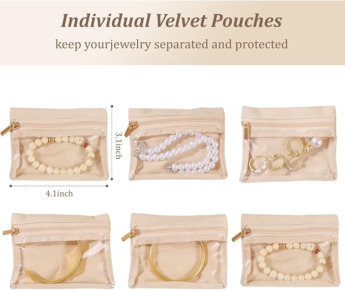 Travel Jewelry Organizer, Travel Jewelry Box with 6 Velvet Zipped Pouches Bags for Jewelries Necklaces Rings Earrings Sorting Storage for Women Girl Gifts, Mint Green - Image 4