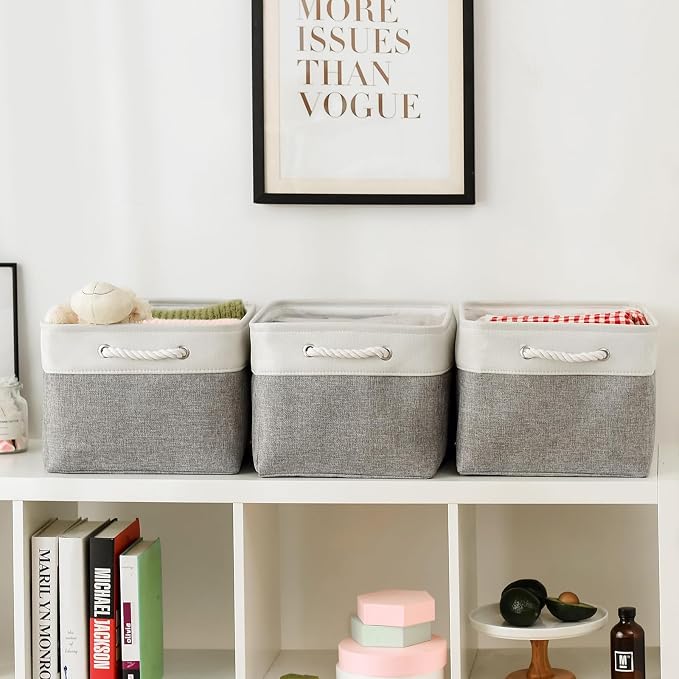 TheWarmHome Storage Baskets for Organizing, X Large - 3 Pack 17.7L×13.8W×9.8H in Foldable Storage Bins for Shelves, Fabric Storage Box for Closet Nursery Toy Gift (White & Grey) - Image 6