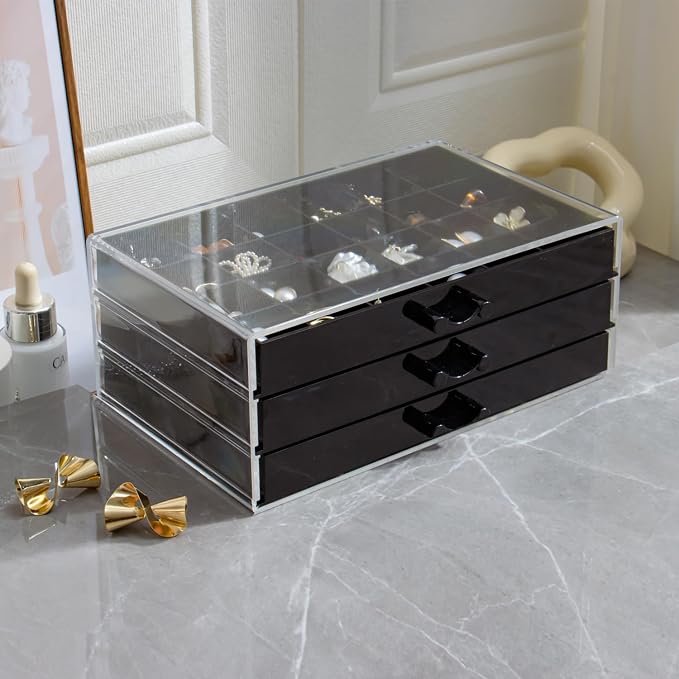 YUFONG Earring Storage Box Organizer 3 Drawers Acrylic Jewelry Storage Box Holder Transparent Jewelry Display Stand with 72 Small Compartments Gift for Women Girls (Black) - Image 4
