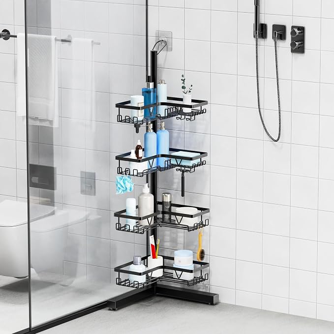 KEGII Floor Shower Caddy Standing – 4-Tier Corner Shower Organizer with Hooks & Soap Holder, Free-Standing Bathroom Storage Rack for Shampoo & Toiletries, Black - Image 6