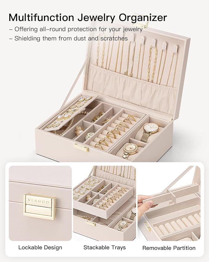 VLANDO 2 Layer Jewelry Boxes Large Jewelry Organizer for Women Removable Jewelery Tray for Watch Necklace Earrings Rings Bracelets Mothers Gifts Mom Gifts(Apricot White) - Image 5