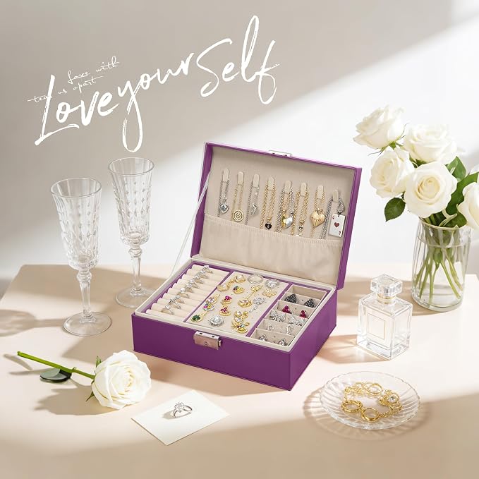 Homeanda Jewelry box 2 layer Jewelry box Leather Jewelry boxes for Women Girls Teens Jewelry organizer box Jewelry Storage box with lock(Purple) - Image 2
