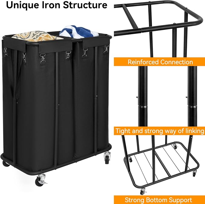 WOWLIVE Double Laundry Hamper with Wheels 170L Rolling Laundry Basket Organizer Laundry Cart with Steel Frame and Removable Bags Large Dirty Clothes Hamper Dorm Room Storage for Bedroom (Black) - Image 5