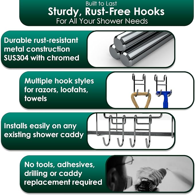 Shower Caddy with Hooks - Heavy Duty Rustproof Helmet Fence Hooks for Wire Shelves - 8 Pack Silver - Image 3