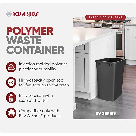 Rev-A-Shelf 2-Pack 35 Quart Polymer Replacement Trash Bin, Recycle Waste Garbage Container for Kitchen Cabinet Pullouts, Black, RV-35-18-2 - Large Plastic Bins for Home and Office - Image 2