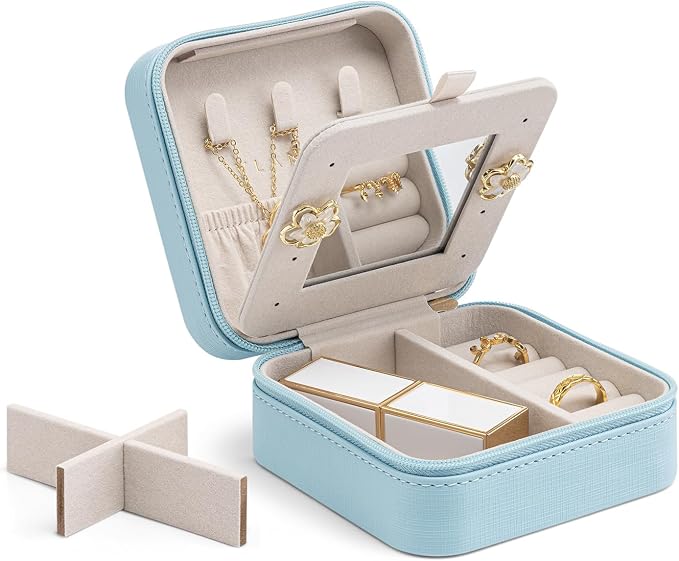 Vlando Small Travel Jewelry Box Organizer - Mirrored Jewelries Necklaces Rings Earrings Necklace Storage Case, Baby Blue by VLANDO