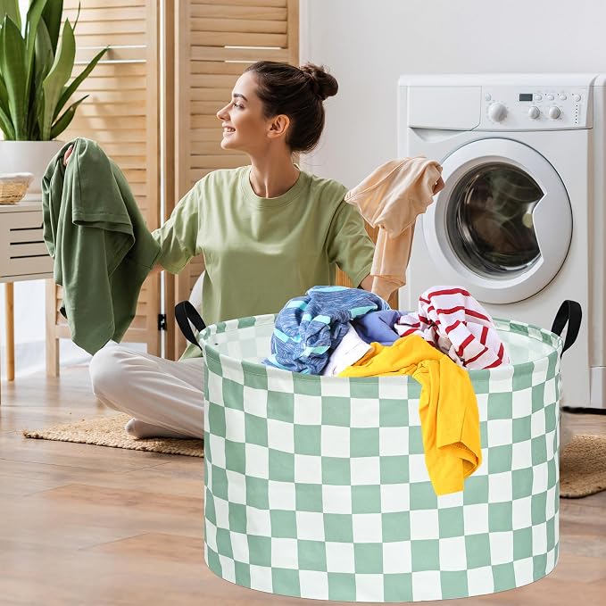 MAIZMZ Sage Checkered Storage Basket Extra Large 80L Kids Hamper Baby Laundry Basket Waterproof Toys Car Organizer Collapsible Canvas for Home/Dorm/Pet/Office/Closet/Shelf/Gift Baskets - Image 5