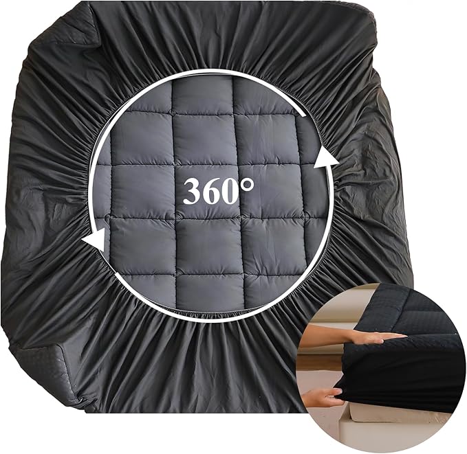 Quilted Fitted Mattress Pad, Quilted Fitted Premium Mattress Protector, Elastic Fitted Mattress Topper Protector and Cover Stretches up to 16 Inches Deep, Breathable, Machine Washable (Dgrey, Full)