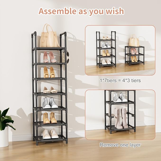LANTEFUL Tall Shoe Rack 7 Tier Narrow Shoe Shelf Storage for 7-14 Pairs Shoe and Boot, Sturdy Shoe Storage Space Saving Corner Shoe Rack Organizer for Closet, Entryway, Living Room, Black - Image 5