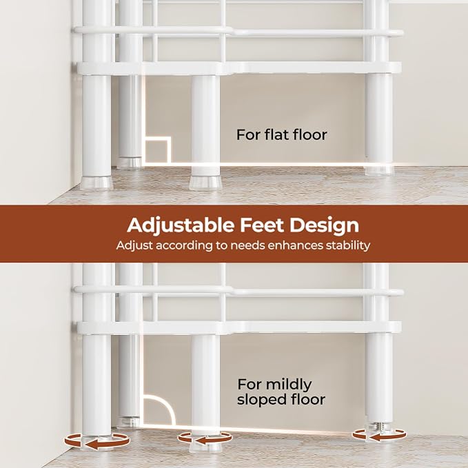 Orimade Rustproof 2 Tier Floor Standing Corner Shower Caddy Organizer with Toothbrush Holder, Large Spacing Floor Shower Shelf Rack Storage Stands with Hooks for Bathroom Kitchen, White - Image 7