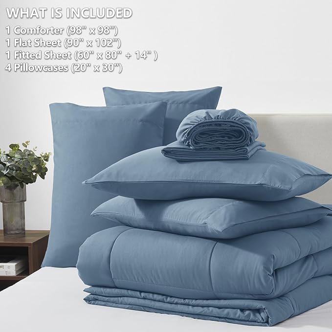 CozyLux Oversized Queen Comforter Sets Dusty Blue, 7 Pieces Bed in a Bag, Ultra-Soft All Season Bedding Sets with Stitch Quilted Comforter, Flat Sheet, Fitted Sheet, Pillowcases, Grayish Blue