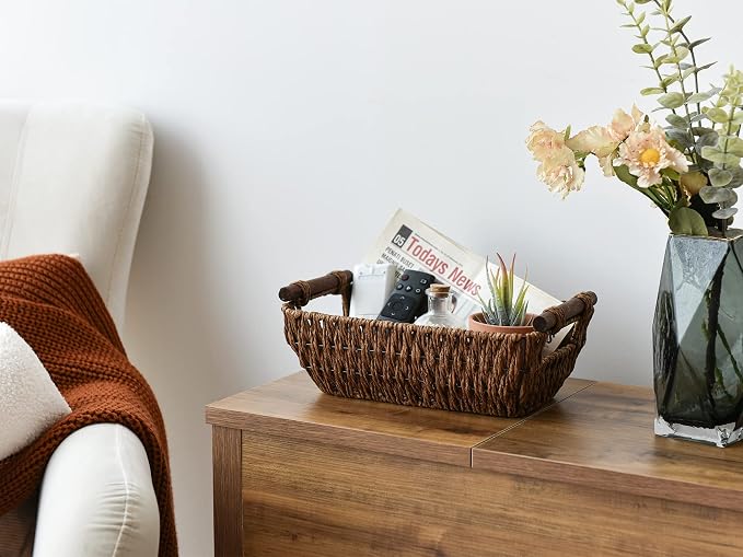 StorageWorks Handwoven Small Wicker Baskets, Round Paper Rope Storage Baskets with Wooden Handles, Dark Brown, 2-Pack - Image 6