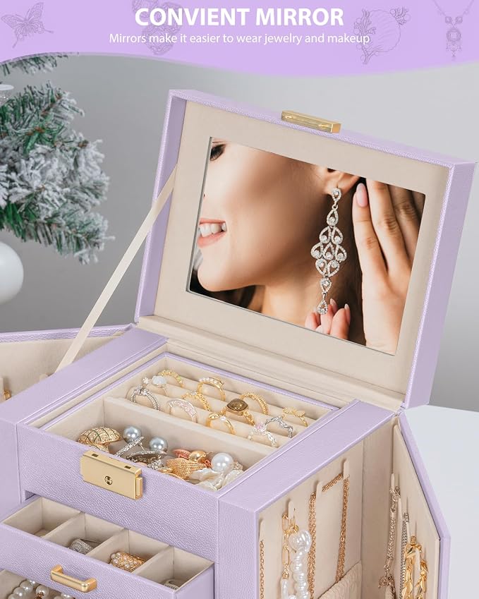 AKOZLIN 4-Tier Jewelry Box Leather Jewelry Storage Organizer with 3 Drawers Lockable for Women Girls Ring Necklace Earring Bracelet Holder with Mirror Purple - Image 7