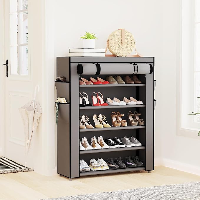 Mavivegue Shoe Rack with Cover, 5 Tier Shoe Organizer for Entryway, Shoe Storage for Front Door Entrance, Closet, Garage, Grey - Image 8