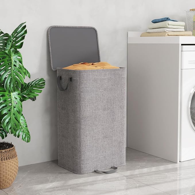Lifewit Single Laundry Hamper with Lid and Removable Laundry Bags, Large Collapsible 1 Dividers Dirty Clothes Basket with Handles for Bedroom Laundry Room Closet Bathroom College, 100L Gray - Image 2