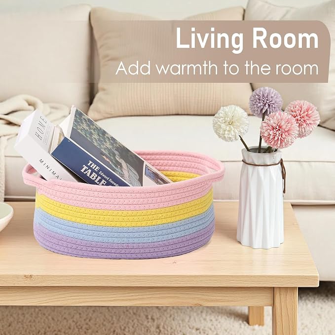 JMvicyroam Woven Basket,Small Rope Storage Bin with Handles & Ribbon Bag, Organizer for Shelves Closets,Gift Basket Empty for Birthday,Books,Dog Toys, Rainbow - Image 7