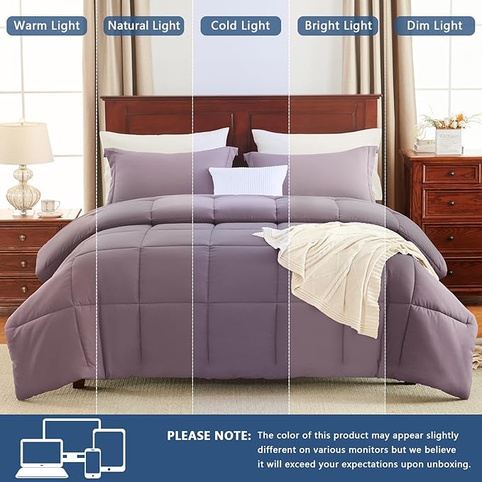 CozyLux Queen Comforter Set - Dusty Purple Comforters Queen Size, 3 Pieces Box Stitched Bed Set for All Seasons, Soft Lightweight Bedding Sets with 1 Down Alternative Comforter and 2 Pillow Shams