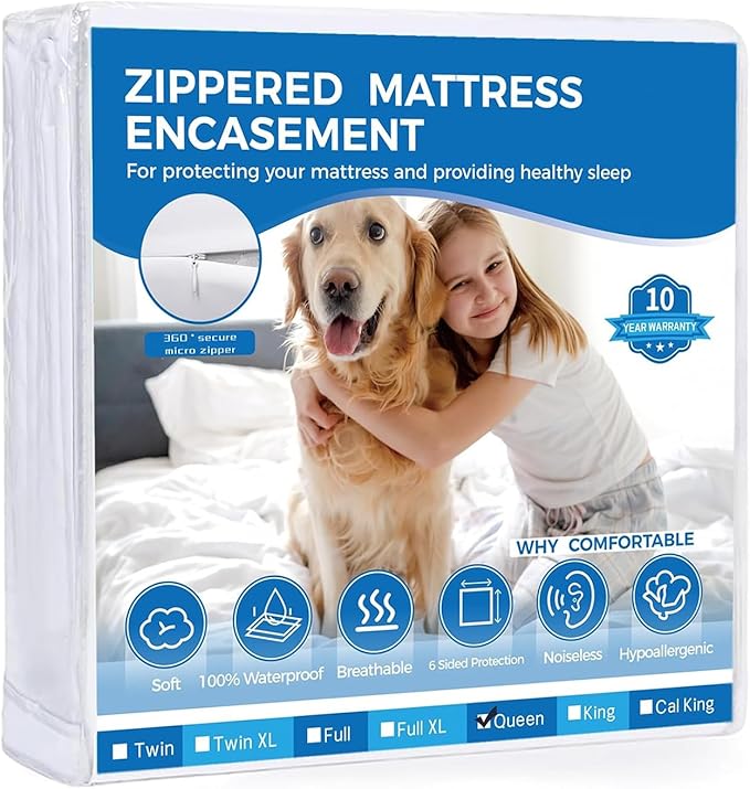 Queen Mattress Protector Zippered-6-Side Waterproof Queen Size Mattress Encasement-9 Inches Deep-Wrapping Box Spring Cover Low Profile