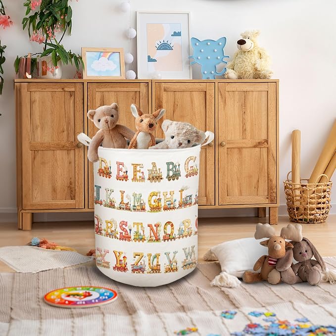 Kids Nursery Laundry Basket, Toybox for Girls Boys, Alphabets Trains Transportation Laundry Basket Hamper Waterproof Collapsible Storage Bin Organizer for Bedroom Bathroom Kids Room Clothes Toys - Image 5