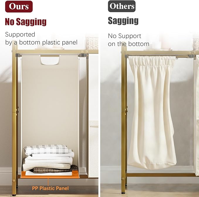 Huhote Laundry Hamper, double Laundry Basket, Laundry Sorter with Top Shelf & 2 Removable Washable Bags & Side Pockets for Laundry Room organization, Bathroom and Dorm, Gold and White - Image 6