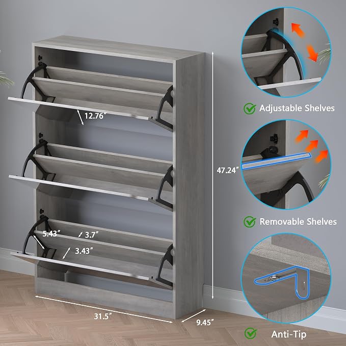 BORNOON Shoe Cabinet with 3-Flip Mirror Drawers, Freestanding Shoe Rack Organizer with Hidden Handle, Slim Narrow Shoe Storage Cabinet for Entryway, Entrance, Hallway, Bedroom - Image 2