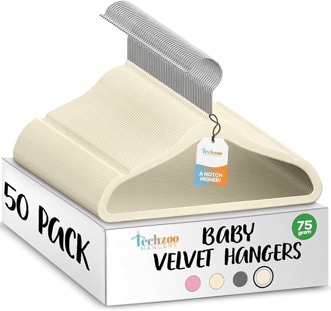 TechZoo 50 Premium Baby Velvet Hangers - 11.8" Non-Slip, Ultra-Slim Space-Saving Children Closet Hangers - 360° Swivel Hook, Strong & Durable Infant & Toddler Clothes Hangers for Wardrobe - Ivory by TECHZOO