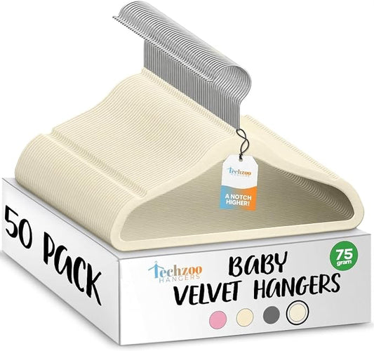 TechZoo 50 Premium Baby Velvet Hangers - 11.8" Non-Slip, Ultra-Slim Space-Saving Children Closet Hangers - 360° Swivel Hook, Strong & Durable Infant & Toddler Clothes Hangers for Wardrobe - Ivory by TECHZOO