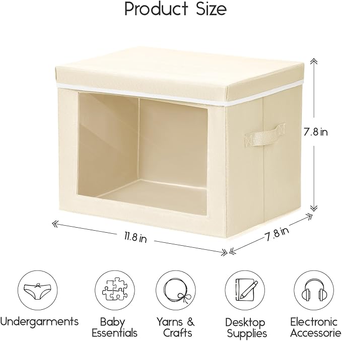 Homsorout Storage Bins with Lids - Small Fabric Organizers with Window, Collapsible Storage Bins for Clothes, Decorative Closet Organizers for Towels, Tshirt, 4 Pack, Beige - Image 2