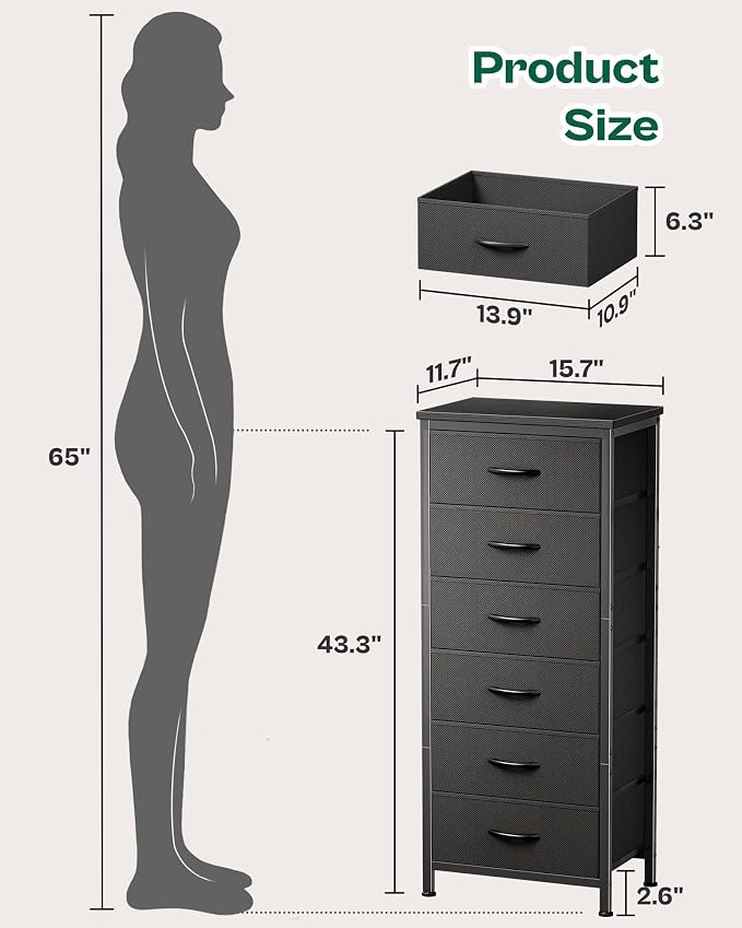 Huuger 43.3 Inch Tall Dresser for Bedroom, 6 Drawer Night Stand & Chests of Drawers, Fabric Dresser for Closet, Bedroom, Nightstand, End Table with Metal Frame, Storage Tower with Fabric Bins, Black - Image 2