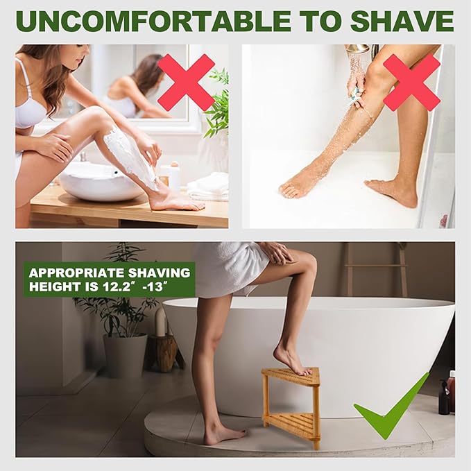 Bamboo Corner Shower Stool,2-Tier Waterproof Shower Stool for Inside Shower Shaving Leg,Small Spaces,Shower Foot Rest with Storage Shelf,Shower Bench,Bath Seat,Corner Nightstand gift for women mom - Image 6