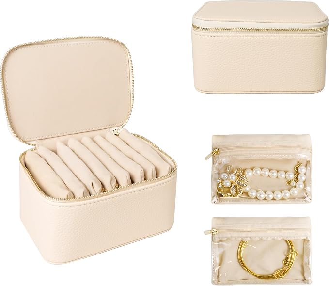 Travel Jewelry Case, Small Travel Jewelry Box with 8 Velvet Jewelry Bag Mini Pouch, Portable Travel Jewelry Organizer for Rings Earrings Necklaces (Beige 8 Pcs) by Unknown