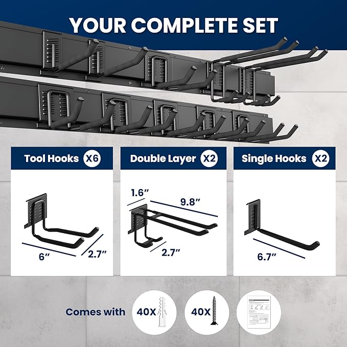 64'' All-Metal Garage Tool Organizer Wall Mount – Heavy-Duty Tool Rack Holds 680 lbs, Adjustable Hooks for Garage, Yard, and Garden Equipment - Image 5
