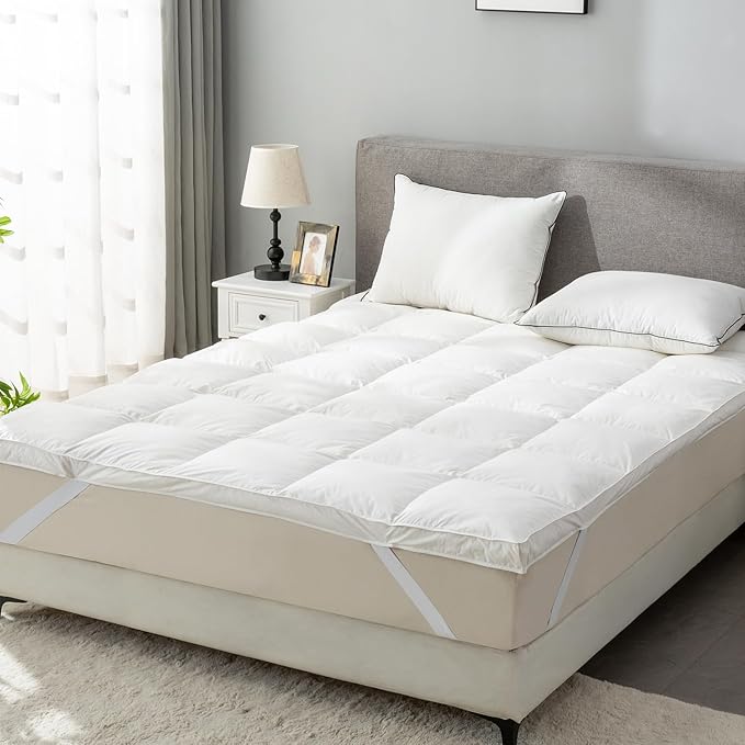 Goose Down Feather Mattress Topper,King Down Mattress Protector Cover with Straps,Plush Soft Fluffy Baffled Pillowtop,Hypoallergenic Featherbed Cooling Pad All-Season Luxury(78x80 Inch)