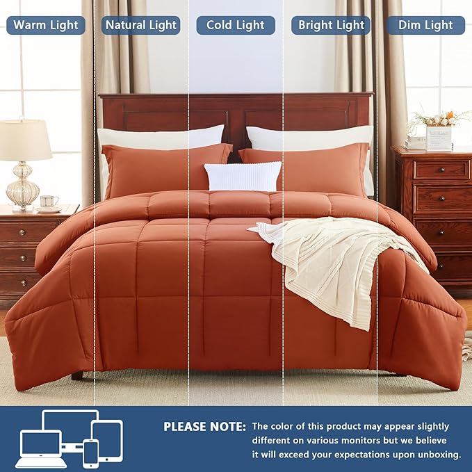 CozyLux Queen Size Comforter Sets Terracotta - 3 Pieces Burnt Orange Box Stitched Queen Bed Set for All Seasons, Soft Lightweight Bedding Sets with 1 Down Alternative Comforter and 2 Pillow Shams