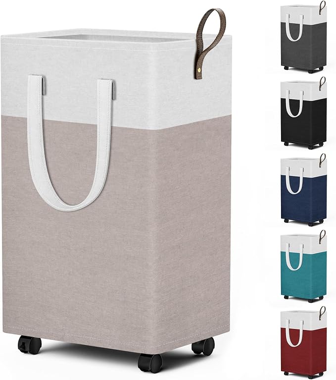 HomeHacks 75L Rolling Laundry Basket with Wheels, Collapsible & Waterproof Laundry Hamper, Mobile Clothes Hamper, Storage Laundry Bins with Handles for Laundry Room, Bedroom, Bathroom & Dor, Khaki by HomeHacks
