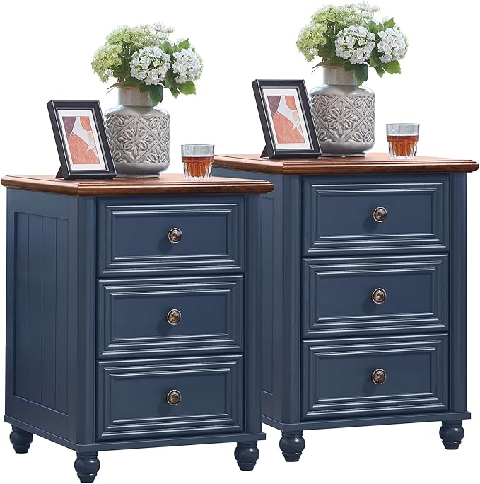 RWYHG 18" Farmhouse Night Stand Set of 2, Blue Wood Nightstand with 3 Drawers, Bedside End Table with Storage and Roman Column, Bed Side Tables Cabinet for Bedroom, Living Room, and Closet