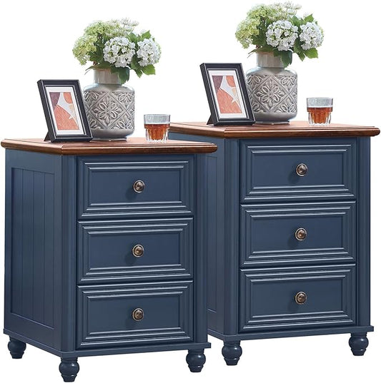 RWYHG 18" Farmhouse Night Stand Set of 2, Blue Wood Nightstand with 3 Drawers, Bedside End Table with Storage and Roman Column, Bed Side Tables Cabinet for Bedroom, Living Room, and Closet
