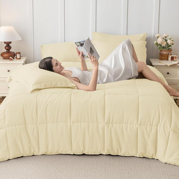 JOLLYVOGUE Queen Comforter Set, Ultra-Soft Bed in a Bag Queen Size 7 Pieces, Oeko-TEX Certified Bedding Set with Down Alternative Comforter, Sheets, Pillowcases & Shams, Light Yellow