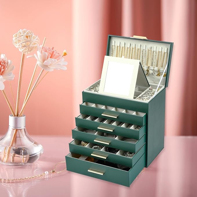 BOOVO Jewelry Boxes for Women, White and Black 6 Layer Large Jewelry Box for Necklace, Bracelet, Earrings, Rings Storage, Jewelry holder Organizer for Girls Gift (Green and Gold, 6 layer) - Image 6