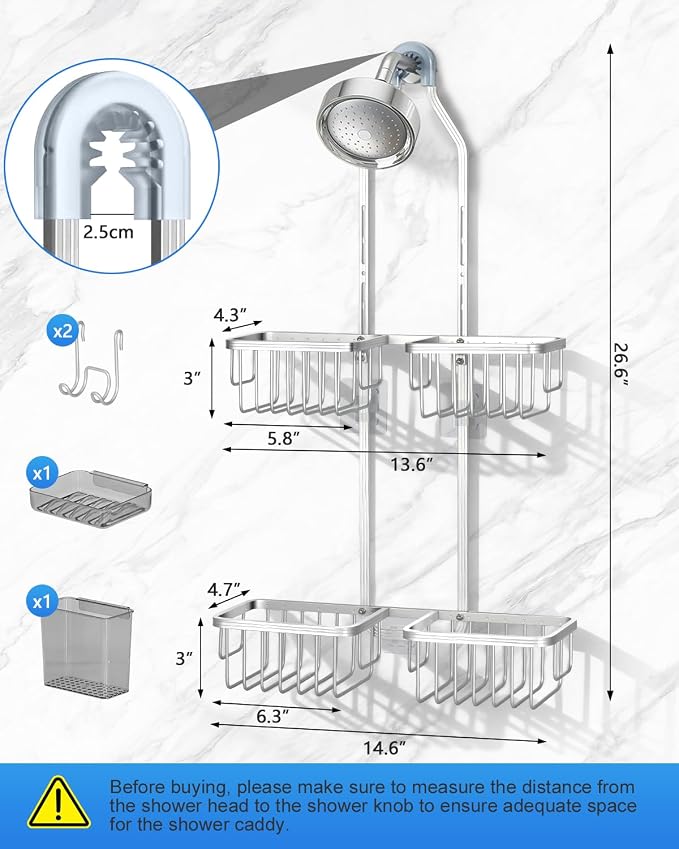 Adjustable Shower Caddy Hanging for Handheld Showerheads - Upgraded Never Rust Shower Hanging Organizer, Bathroom Shower Rack with Soap Basket, Hooks and Toothbrush Holder (Shiny Silver) - Image 2