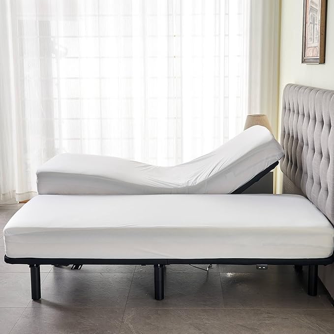 Kingnex Waterproof Split California King Mattress Protector for Adjustable Bed 2 Cali Twin XL Fitted Sheet Style Mattress Cover with Enhanced Elastic Skirt White