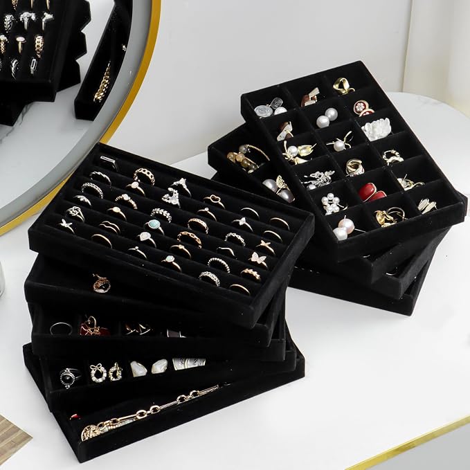 SPAKOWN Jewelry Drawer Organizer Inserts Set of 9, Jewelry Trays for Drawers Velvet Jewelry Organizer Tray Drawer Jewelry Organizers and Storage for Earring Ring Necklace Watch Bracelet (Black) - Image 4