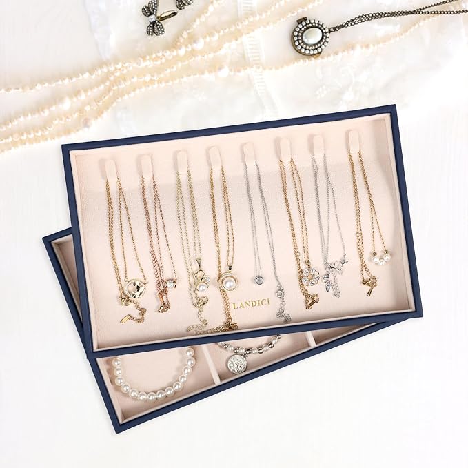 LANDICI Stackable Jewelry Organizer Trays 4 Set,PU Leather Jewelry Organizer Drawer,Jewelry Storage Display Tray for Earring Necklace Rings Bracelet with Removable Dividers,Dark Blue - Image 6