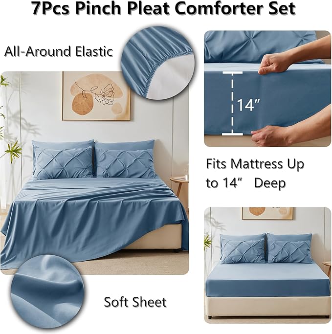 CozyLux King Size Comforter Set Grayish Blue, 7 Pieces Pintuck Bed in A Bag Blue Comforter King Size, Pinch Pleat Bedding Set with All Season Comforter, Sheets, Pillowcases & Shams