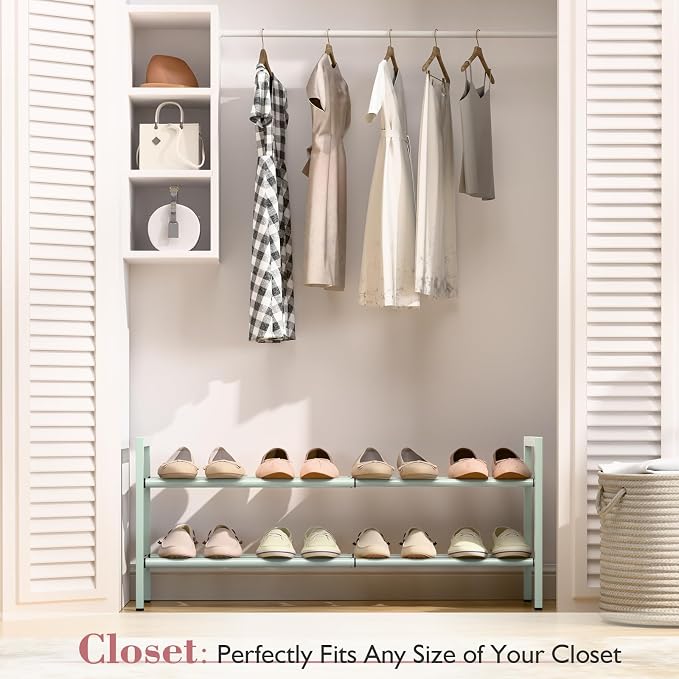 Bumusty 2-Tier Expandable Shoe Rack for Closet, 18“-33” Adjustable Shoe Rack for Small Space, Small Shoe Organizer for Front Door, Sturdy Metal, Green - Image 2
