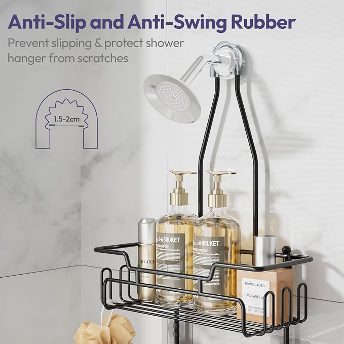 SWTYMIKI Bathroom Shower Caddy Hanging - 3 Tier Rustproof Over Shower Head Organizer, No Drilling Bathroom Shelf with 16 Hooks & Soap Holder, Anti-Swing Rack for Shampoo,Sponge,Towel, Black, Medium - Image 4