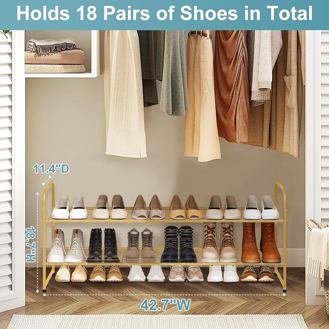 AOODA Long 2 Tier Shoe Rack for Closet Metal Wide Stackable Shoe Storage Organizer for Entryway, Bedroom, Floor, 18-Pairs Low Sneaker Shelf, Golden - Image 3