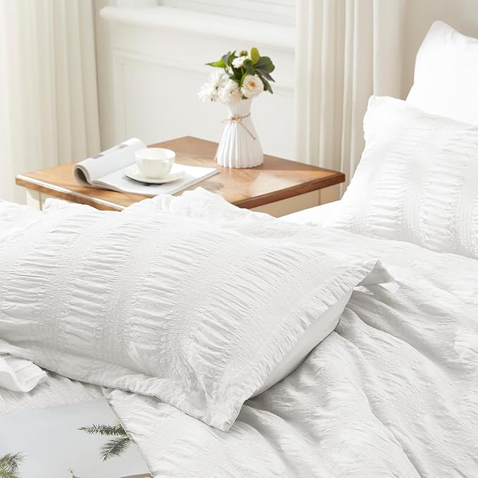 Zzlpp Full Comforter Set 7 Pieces, White Seersucker Bed in a Bag with Comforter and 2 Sheets, All Season Bedding Sets with 1 Comforter, 2 Pillow Shams, 2 Pillowcases