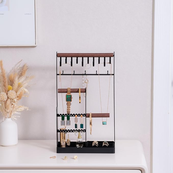 ProCase Jewelry Organizer Jewelry Stand Jewelry Holder Organizer, 5-Tier Necklace Organizer with Ring Tray, Large Aesthetic Jewelry Tower Storage Rack Tree for Bracelets Earrings Rings -Large, Black - Image 6
