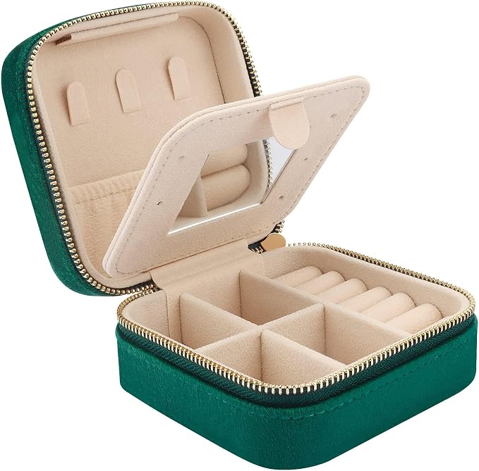 DesignSter Travel Jewelry Box - Velvet Mini Jewelry Organizer, Small Jewelry Case for Girls Women, Jewelry Storage Box for Rings Earrings Necklace (Square, Emerald Green) by DesignSter
